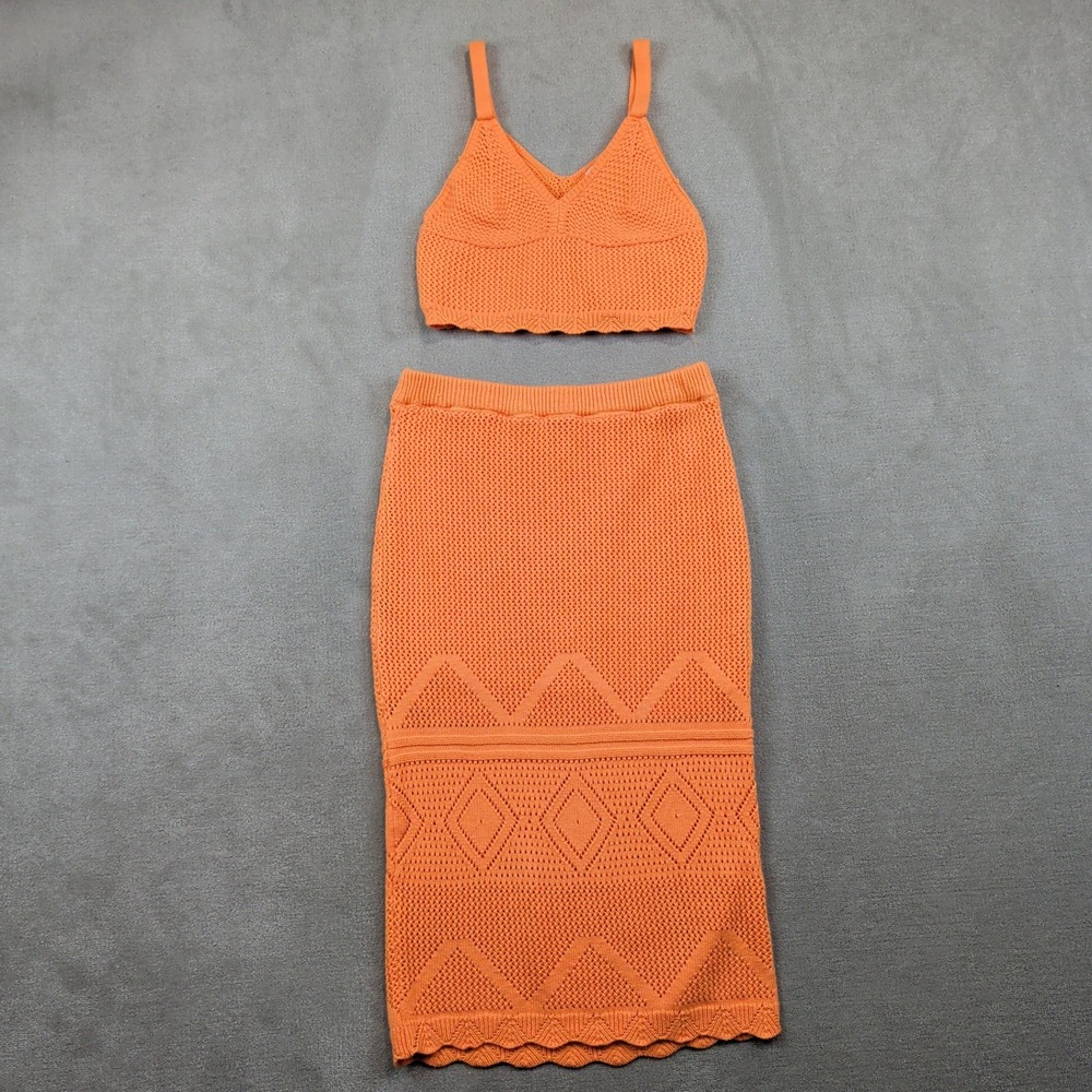 Willow & Wind L Orange Crochet Set knit Crop Top Midi Skirt Boho Festival Chic
